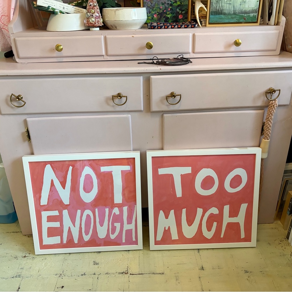 Set of 2 Framed 'Too Much / Not Enough' Pink Wall Art Prints by Virginia Chamlee
